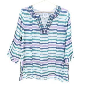 NWT Pomegranate Watercolor Stripe Blues Spilt Neck Embroidered 100% Linen Tunic